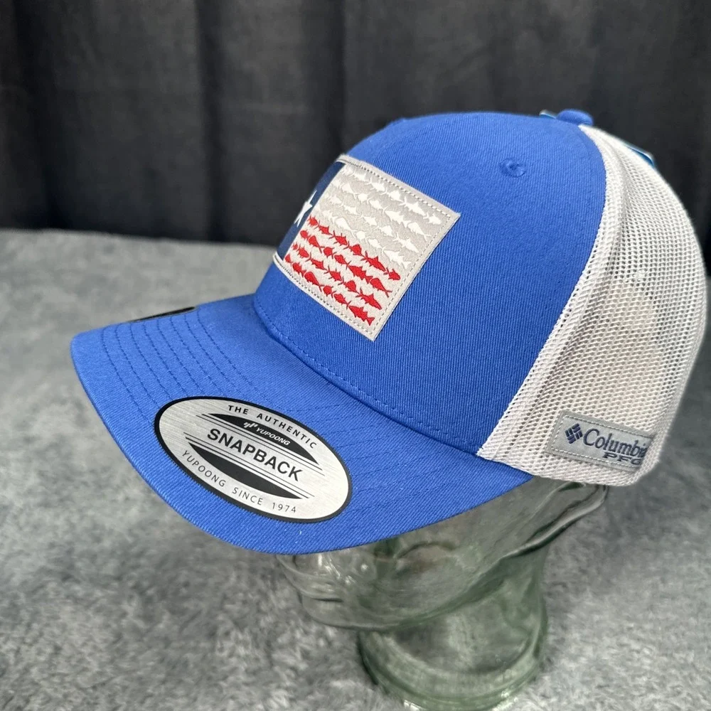 NWT Columbia PFG Hat Blue Mesh Adjustable Snapback Flexfit Budlight Texas Flag